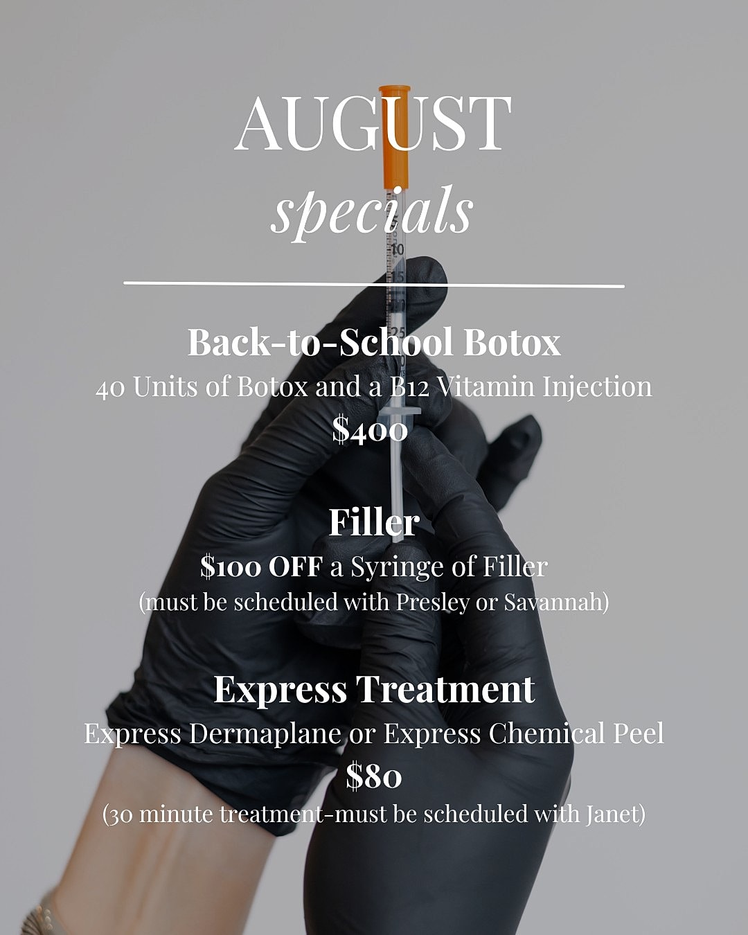 August specials for cosmetic treatments and injections.