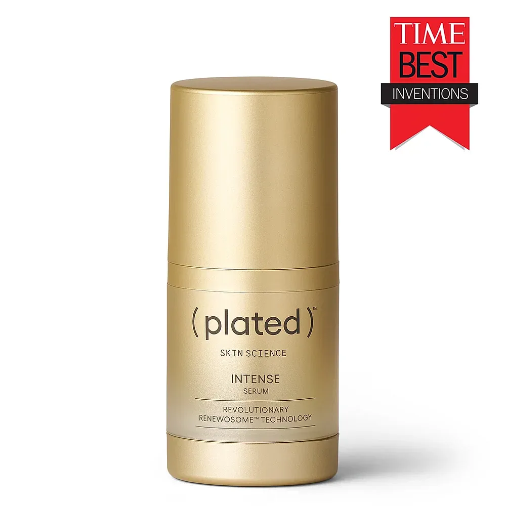 Gold serum packaging with award emblem
