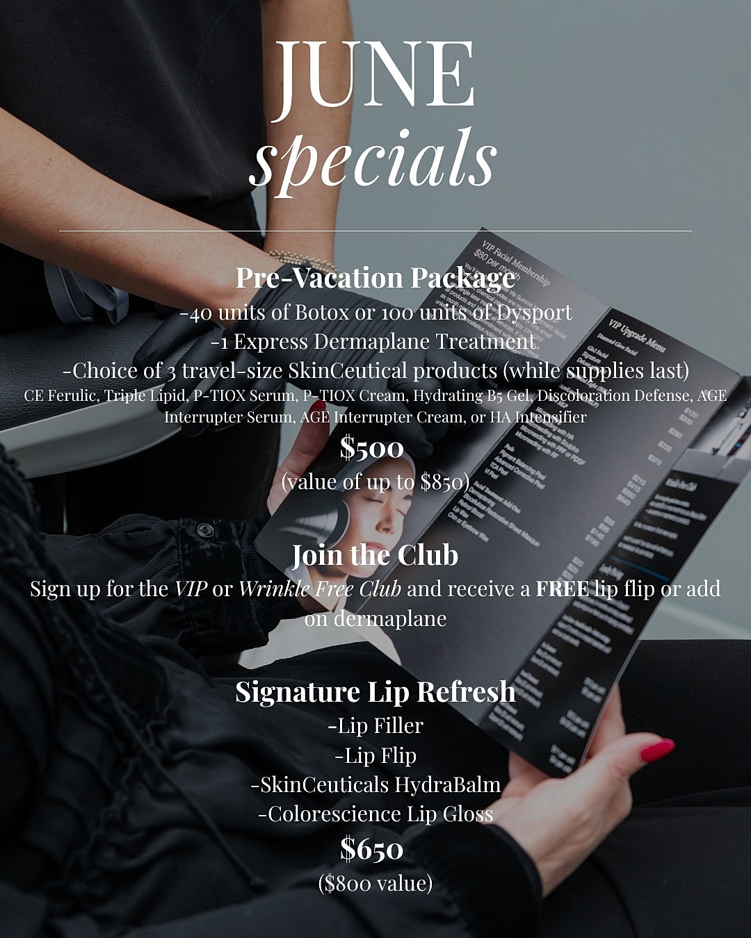 June specials for skincare and lip treatments.